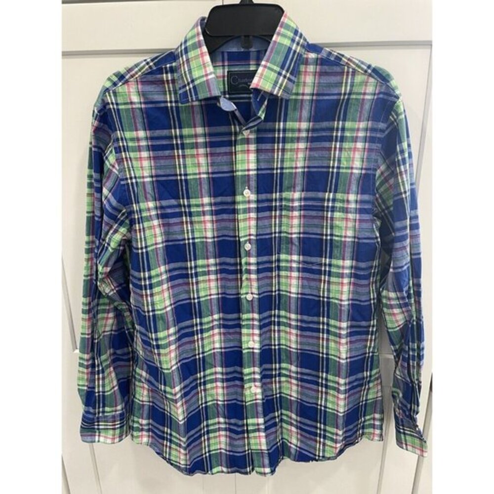 Charleston Threads Mens Shirt M Button Up‎ Blue Plaid Long Sleeve B2*